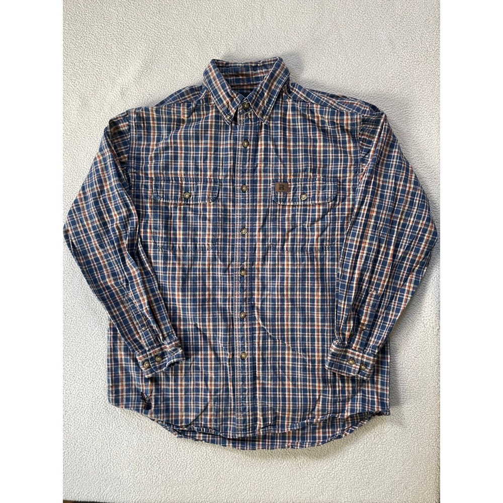 Wrangler Mens Large Button Down Shirt Blue Orange Plaid Riggs Workwear Flannel